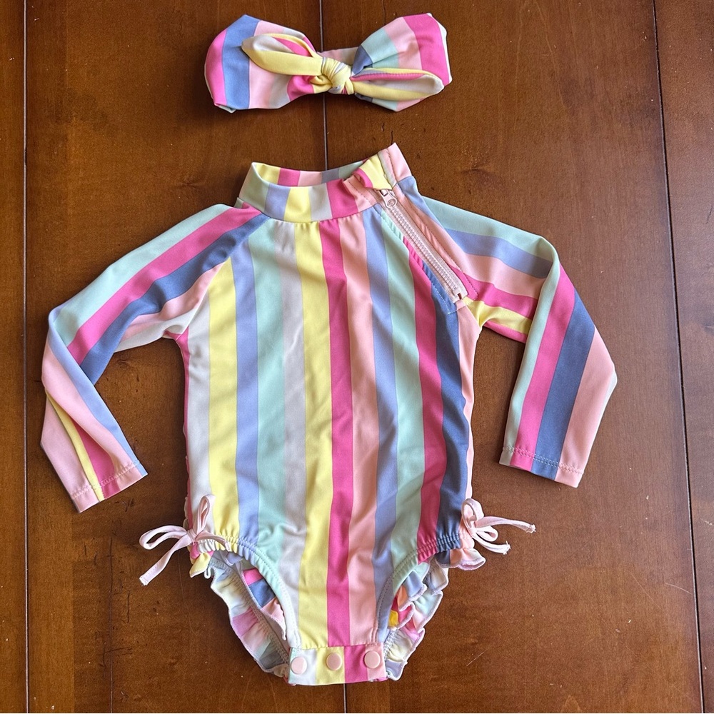 Colorful Striped Baby Swimsuit with Headband - Jessica Simpson - 12M